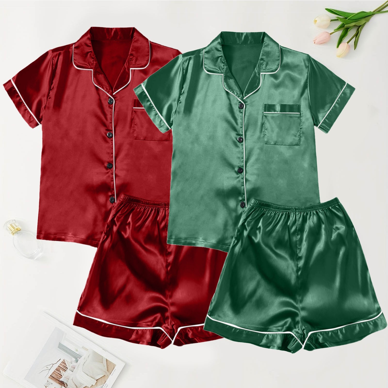 thumbnail image 2 of Conjunto de pijama de 2 piezas: tirantes de encaje y pantalones cortos - Poliéster - Talla grande - M-XXXXXL, 2 of 4